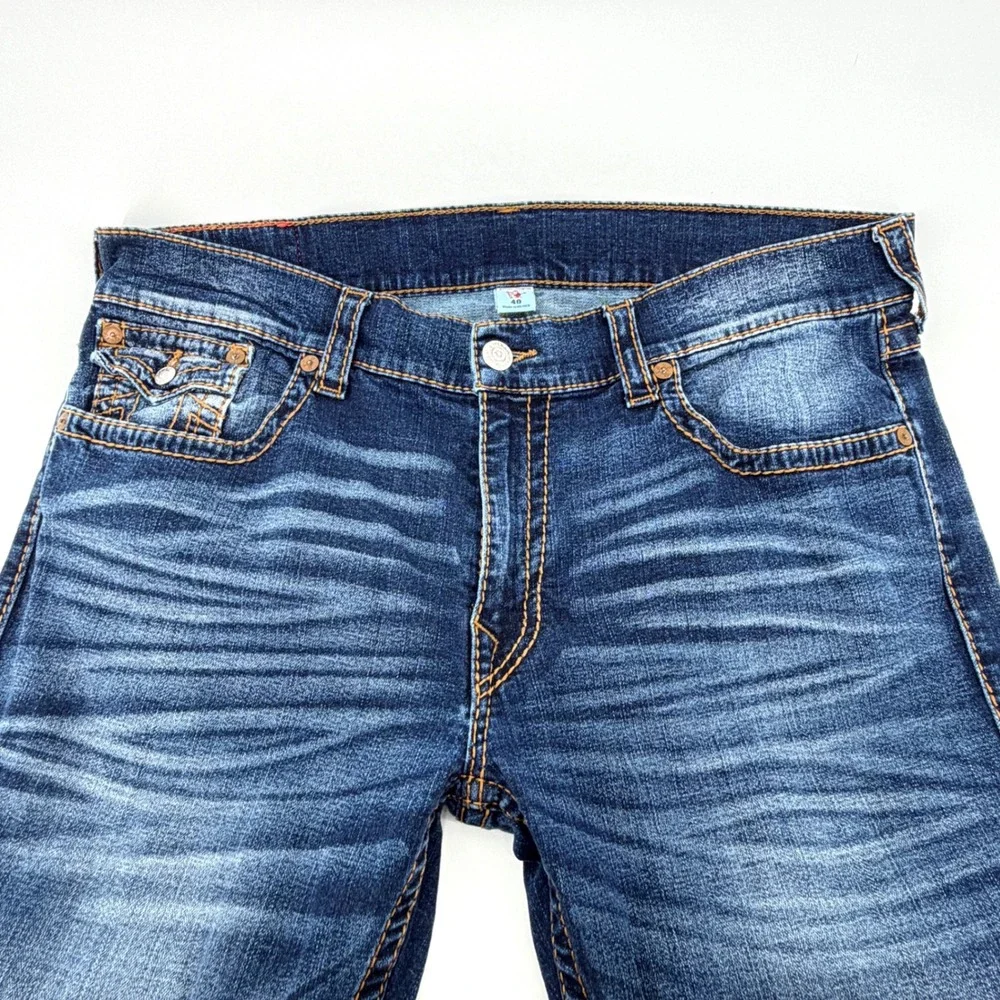 True Religion Skinny Flap Jeans Mens 40 Blue Dark Wash Excellent Horseshoe Flap